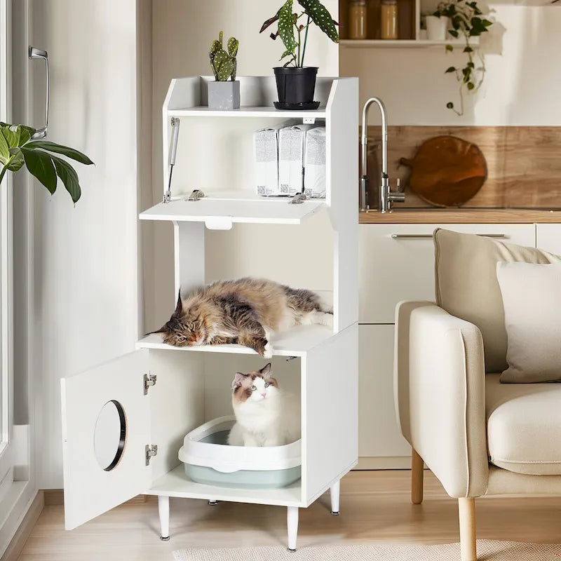 White Wooden Cat Litter Box Enclosure Cabinet with Storage Shelves and Flip Door
