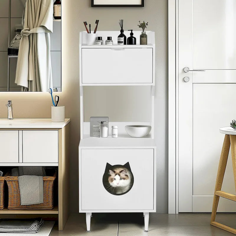 White Wooden Cat Litter Box Enclosure Cabinet with Storage Shelves and Flip Door