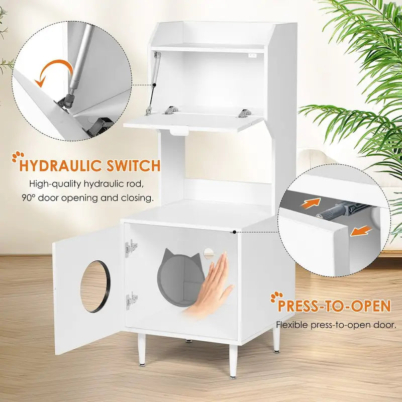 White Wooden Cat Litter Box Enclosure Cabinet with Storage Shelves and Flip Door