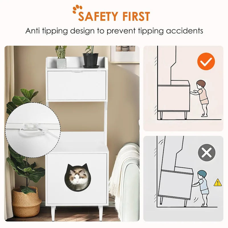 White Wooden Cat Litter Box Enclosure Cabinet with Storage Shelves and Flip Door