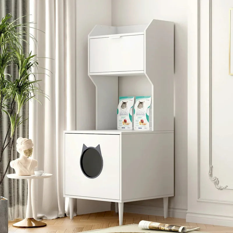 White Wooden Cat Litter Box Enclosure Cabinet with Storage Shelves and Flip Door