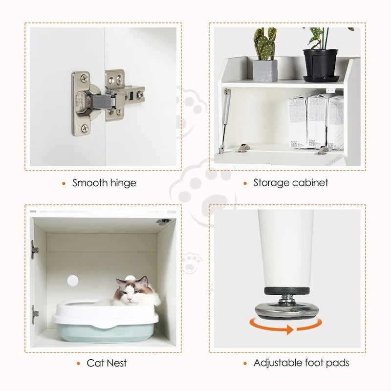 White Wooden Cat Litter Box Enclosure Cabinet with Storage Shelves and Flip Door