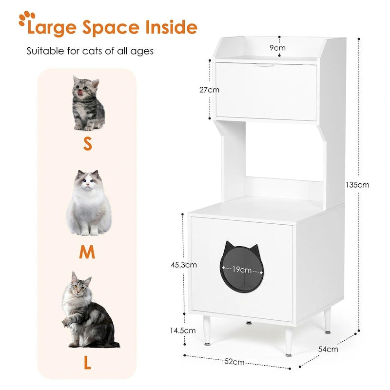 White Wooden Cat Litter Box Enclosure Cabinet with Storage Shelves and Flip Door