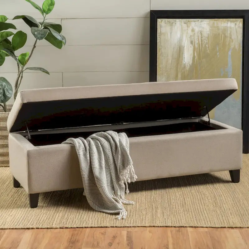Upholstered Storage Bench with Birch Legs for Bedroom and Entryway