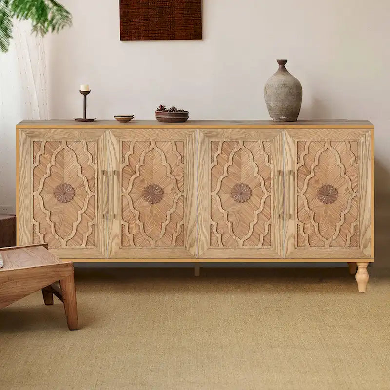 Bohemian Carved Floral Wood Sideboard Storage Cabinet Natural Brown