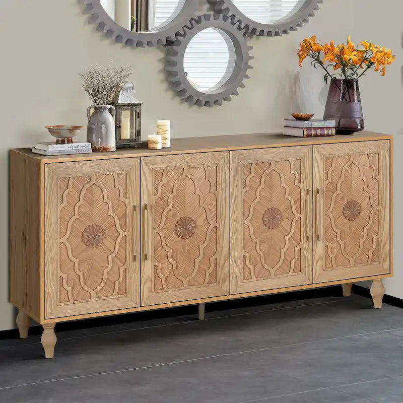 Bohemian Carved Floral Wood Sideboard Storage Cabinet Natural Brown