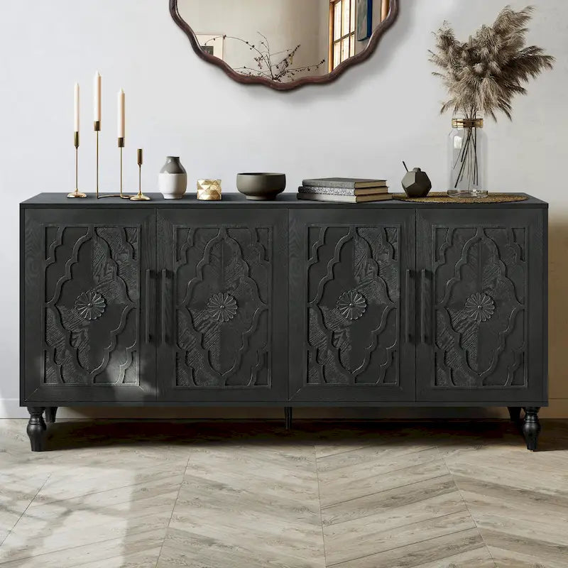 Bohemian Carved Floral Wood Sideboard Storage Cabinet Natural Brown