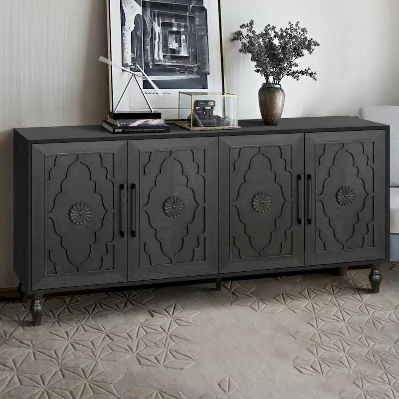 Bohemian Carved Floral Wood Sideboard Storage Cabinet Natural Brown