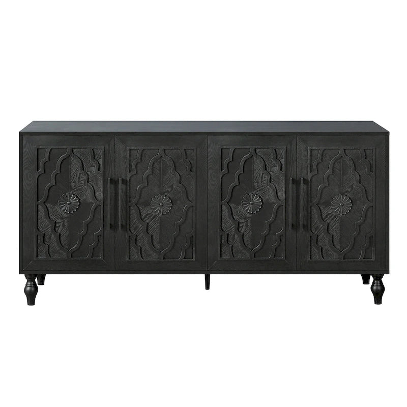 Bohemian Carved Floral Wood Sideboard Storage Cabinet Natural Brown