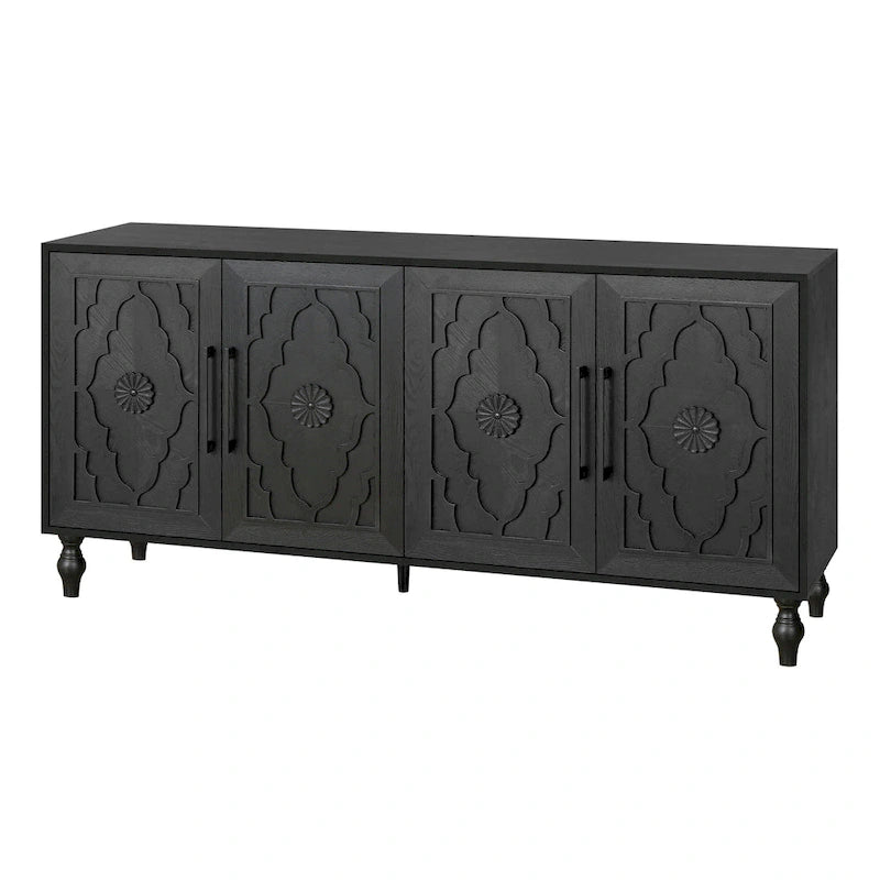 Bohemian Carved Floral Wood Sideboard Storage Cabinet Natural Brown