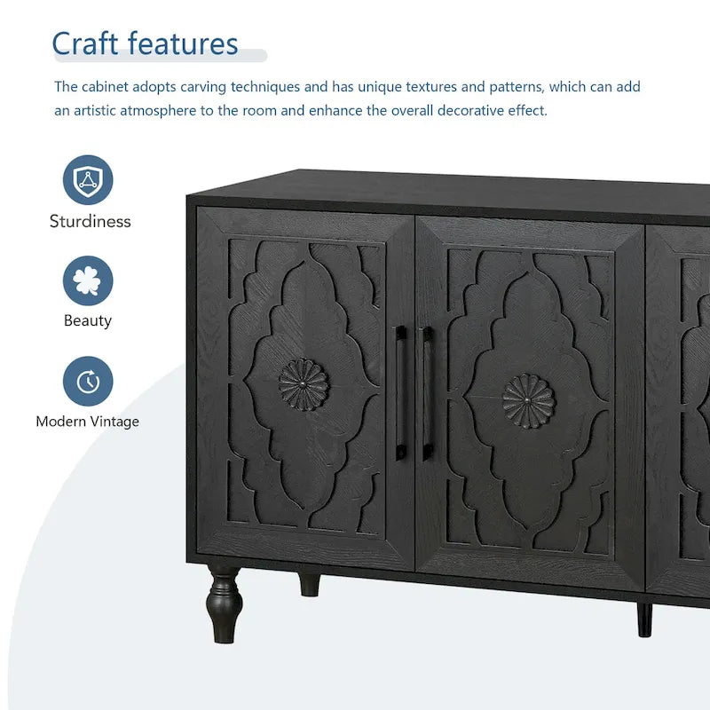 Bohemian Carved Floral Wood Sideboard Storage Cabinet Natural Brown