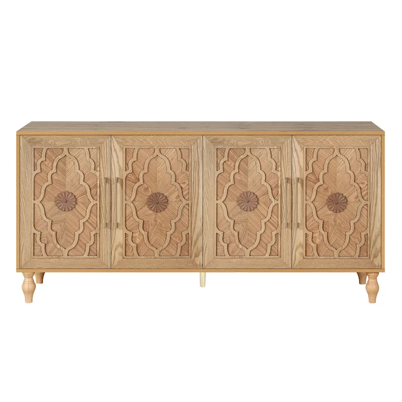 Bohemian Carved Floral Wood Sideboard Storage Cabinet Natural Brown