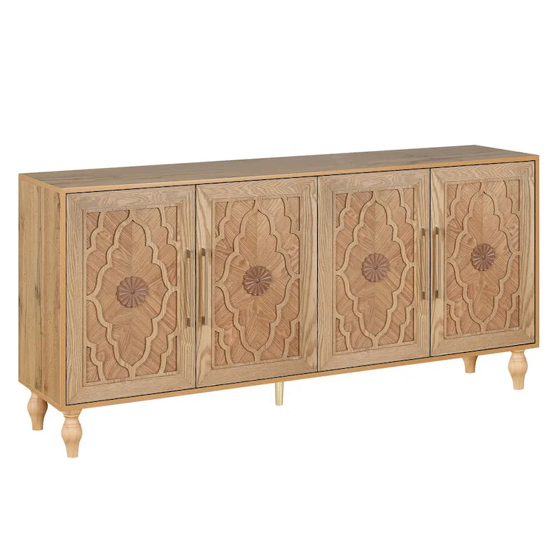 Bohemian Carved Floral Wood Sideboard Storage Cabinet Natural Brown
