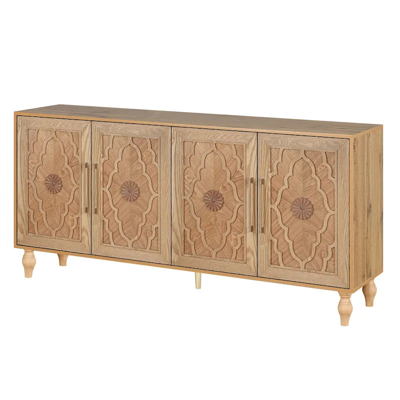 Bohemian Carved Floral Wood Sideboard Storage Cabinet Natural Brown