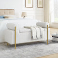 Upholstered Storage Bench White Boucle Cylindrical Arms Gold Iron Legs