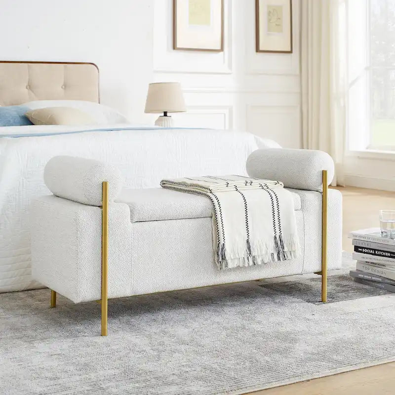 Upholstered Storage Bench White Boucle Cylindrical Arms Gold Iron Legs