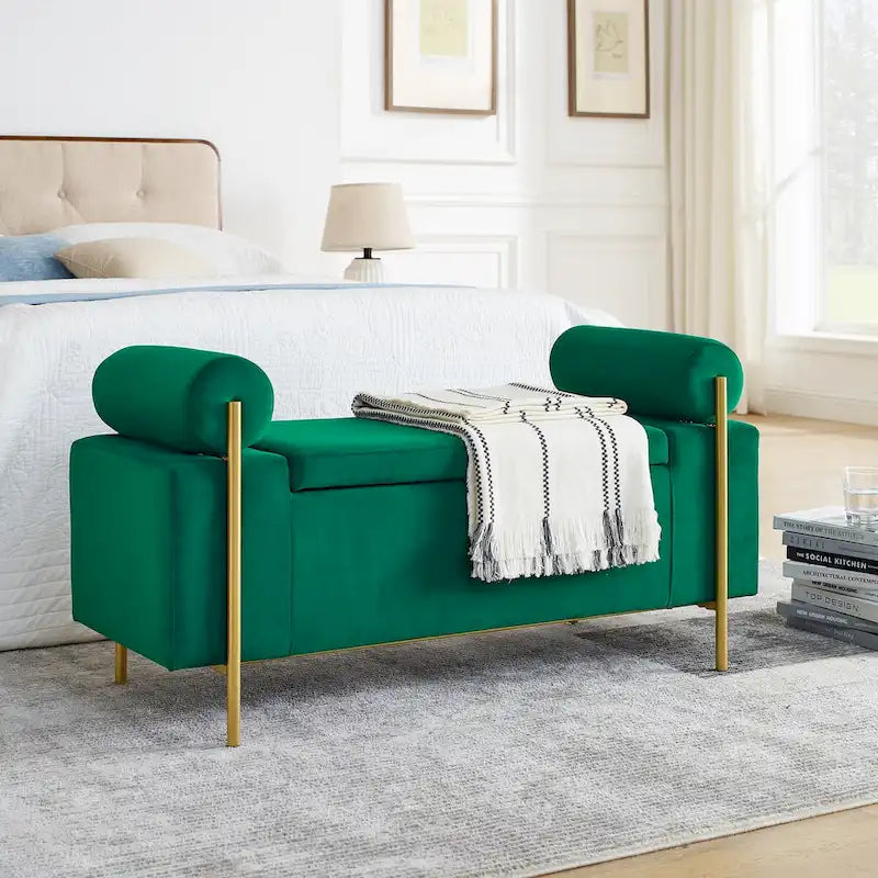 Upholstered Storage Bench White Boucle Cylindrical Arms Gold Iron Legs