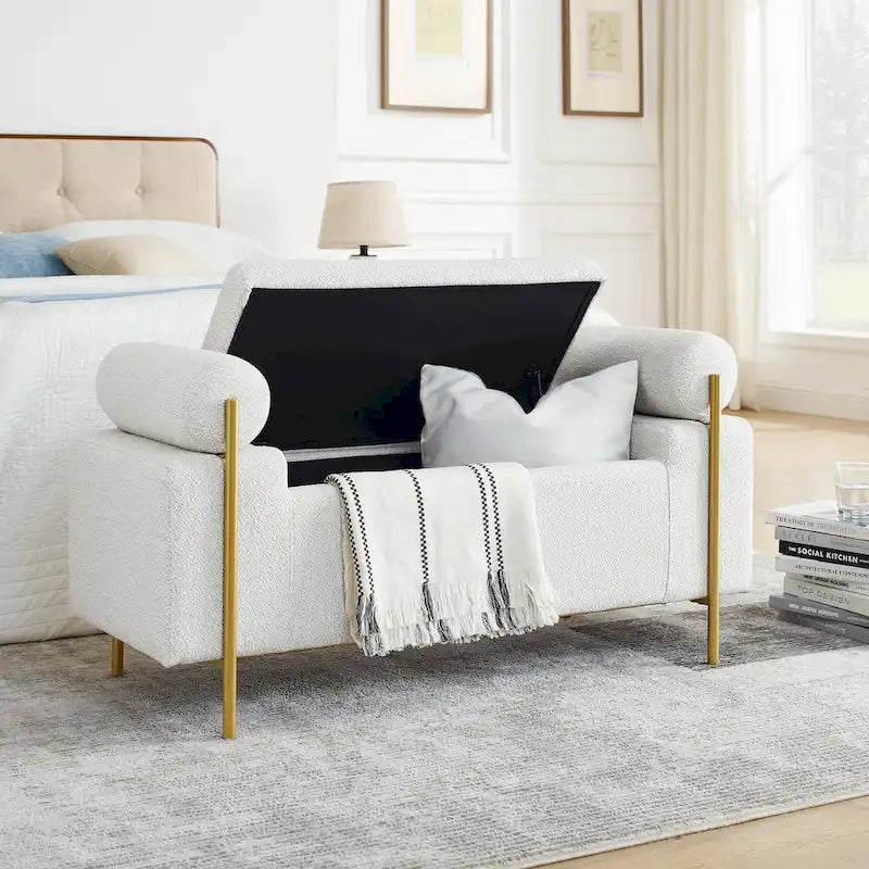 Upholstered Storage Bench White Boucle Cylindrical Arms Gold Iron Legs