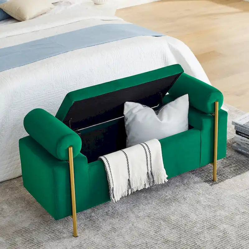 Upholstered Storage Bench White Boucle Cylindrical Arms Gold Iron Legs