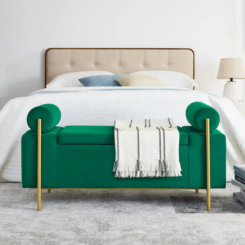 Upholstered Storage Bench White Boucle Cylindrical Arms Gold Iron Legs