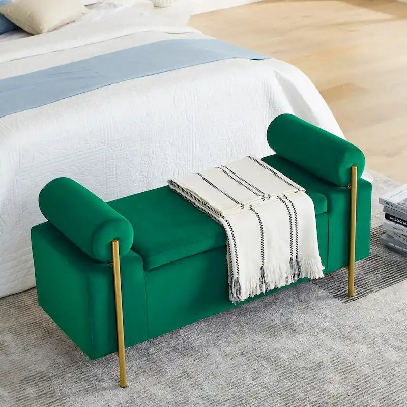 Upholstered Storage Bench White Boucle Cylindrical Arms Gold Iron Legs