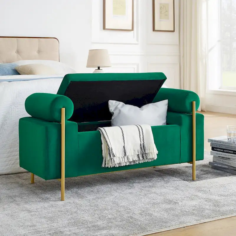 Upholstered Storage Bench White Boucle Cylindrical Arms Gold Iron Legs