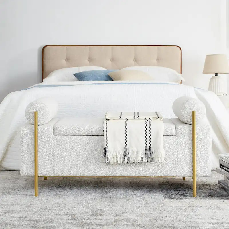 Upholstered Storage Bench White Boucle Cylindrical Arms Gold Iron Legs