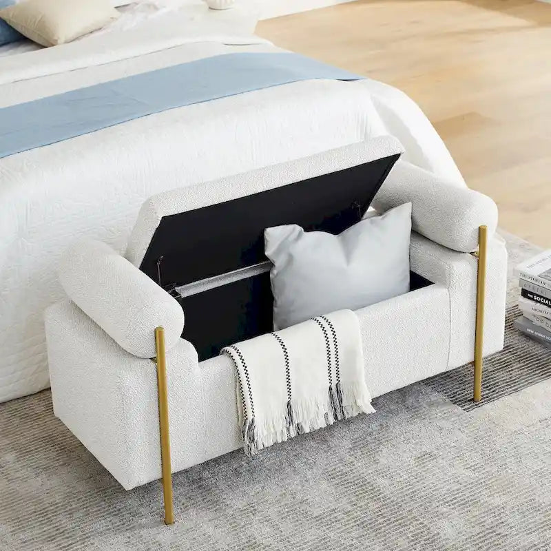 Upholstered Storage Bench White Boucle Cylindrical Arms Gold Iron Legs