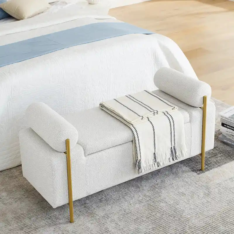 Upholstered Storage Bench White Boucle Cylindrical Arms Gold Iron Legs