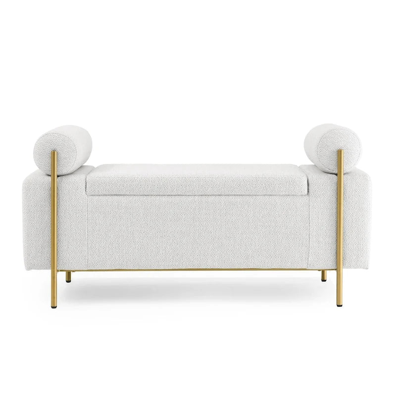 Upholstered Storage Bench White Boucle Cylindrical Arms Gold Iron Legs