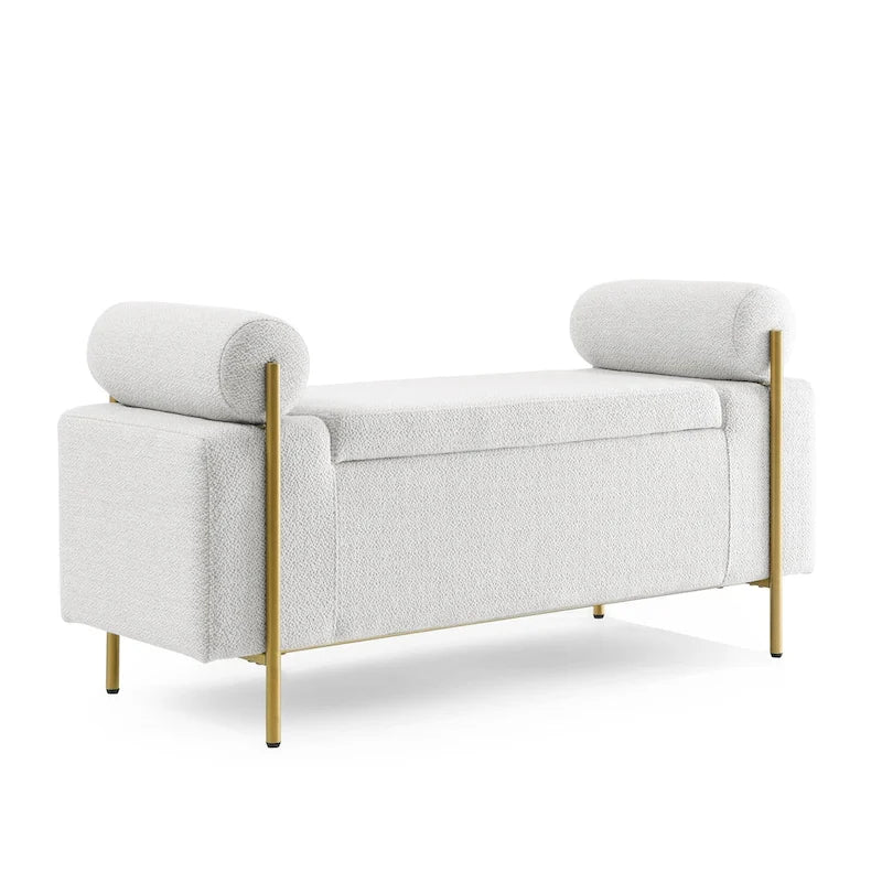 Upholstered Storage Bench White Boucle Cylindrical Arms Gold Iron Legs