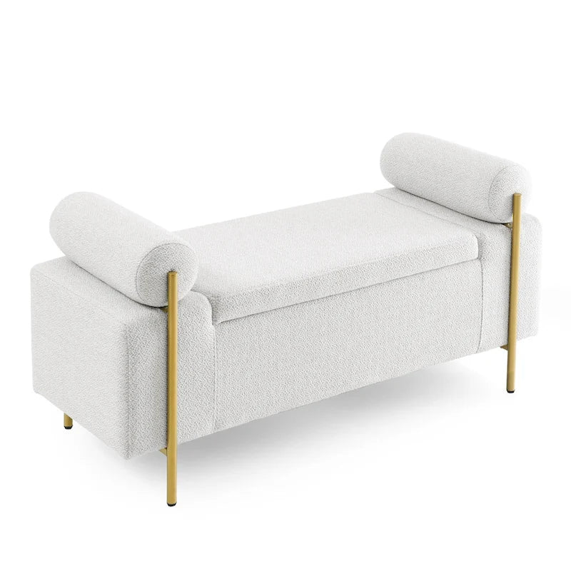 Upholstered Storage Bench White Boucle Cylindrical Arms Gold Iron Legs