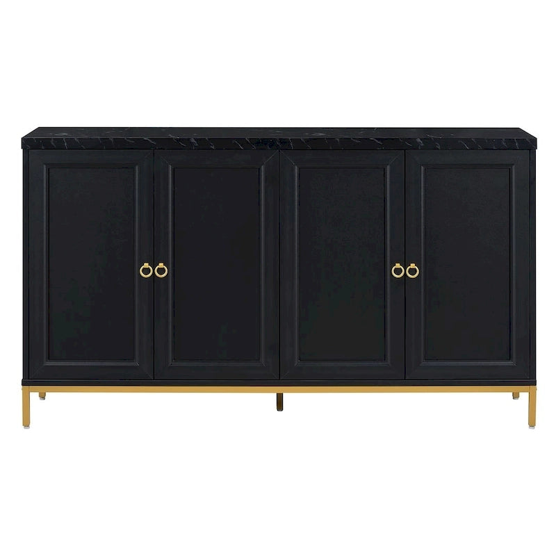 4-Door Faux Marble Top Storage Sideboard with Gold Metal Legs, Black
