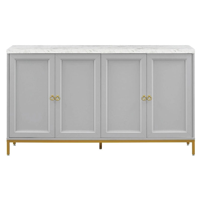 4-Door Faux Marble Top Storage Sideboard with Gold Metal Legs, Black
