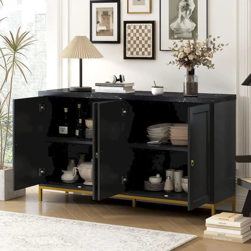 4-Door Faux Marble Top Storage Sideboard with Gold Metal Legs, Black