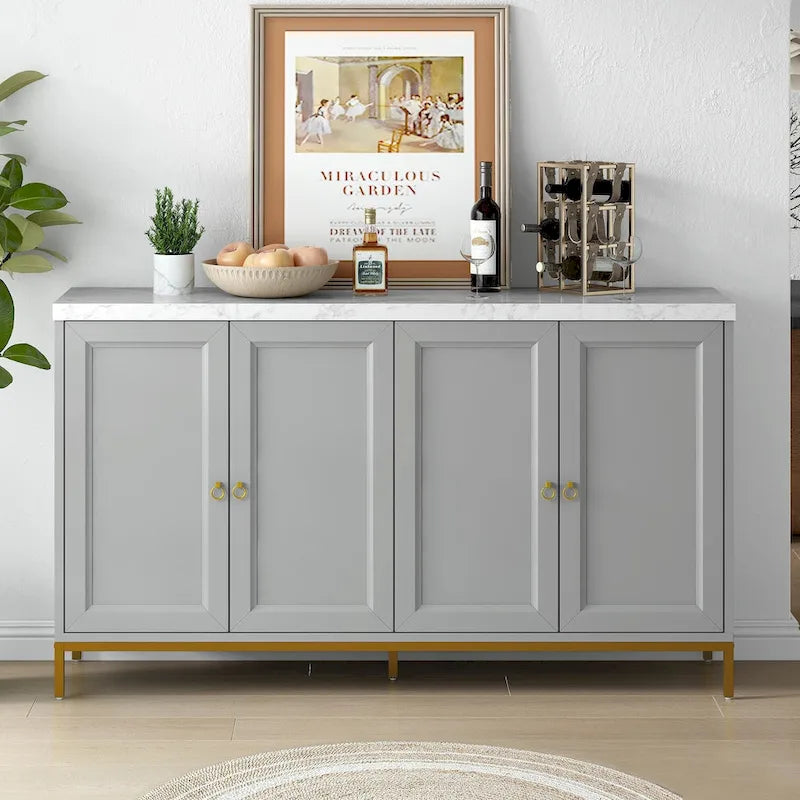 4-Door Faux Marble Top Storage Sideboard with Gold Metal Legs, Black