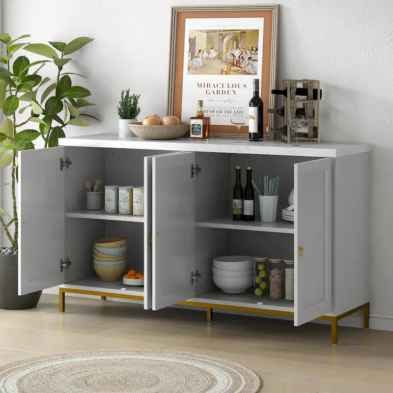 4-Door Faux Marble Top Storage Sideboard with Gold Metal Legs, Black