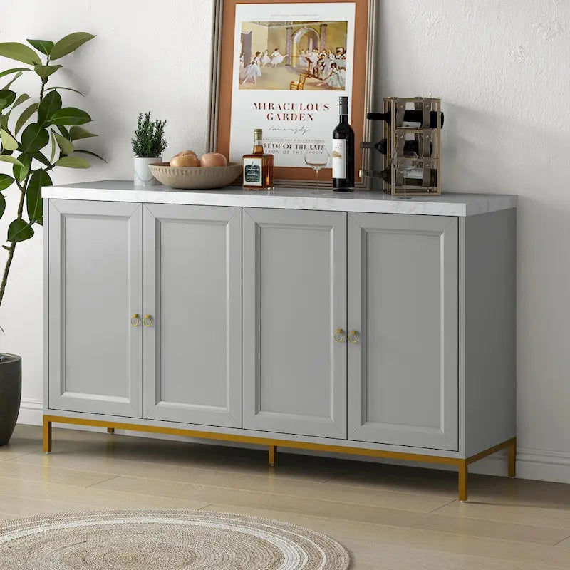 4-Door Faux Marble Top Storage Sideboard with Gold Metal Legs, Black