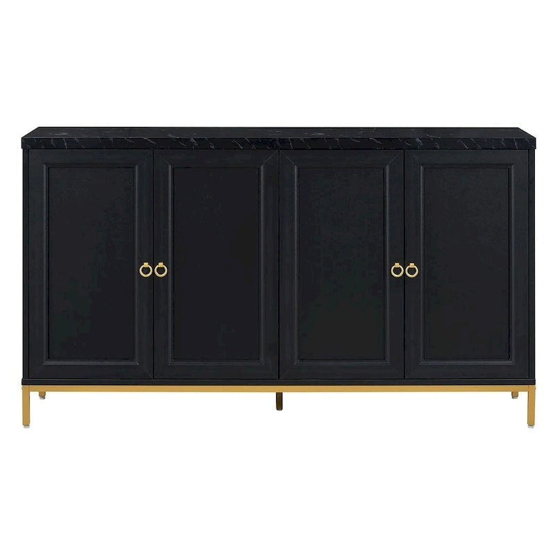 4-Door Faux Marble Top Storage Sideboard with Gold Metal Legs, Black