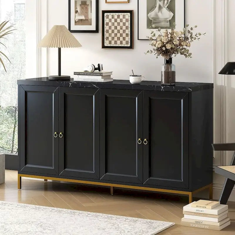 4-Door Faux Marble Top Storage Sideboard with Gold Metal Legs, Black