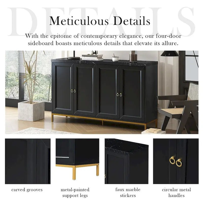 4-Door Faux Marble Top Storage Sideboard with Gold Metal Legs, Black
