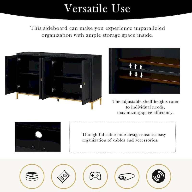 4-Door Faux Marble Top Storage Sideboard with Gold Metal Legs, Black