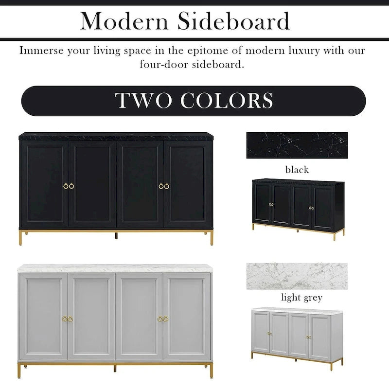 4-Door Faux Marble Top Storage Sideboard with Gold Metal Legs, Black