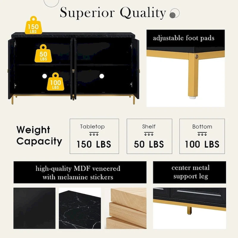4-Door Faux Marble Top Storage Sideboard with Gold Metal Legs, Black