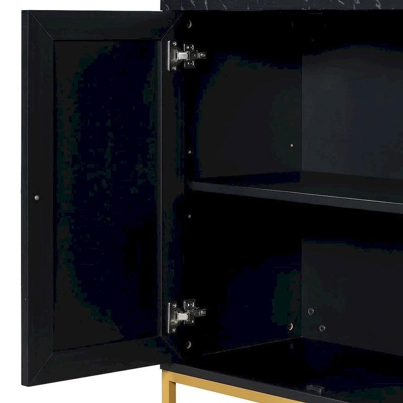 4-Door Faux Marble Top Storage Sideboard with Gold Metal Legs, Black