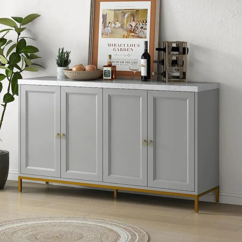 4-Door Faux Marble Top Storage Sideboard with Gold Metal Legs, Black
