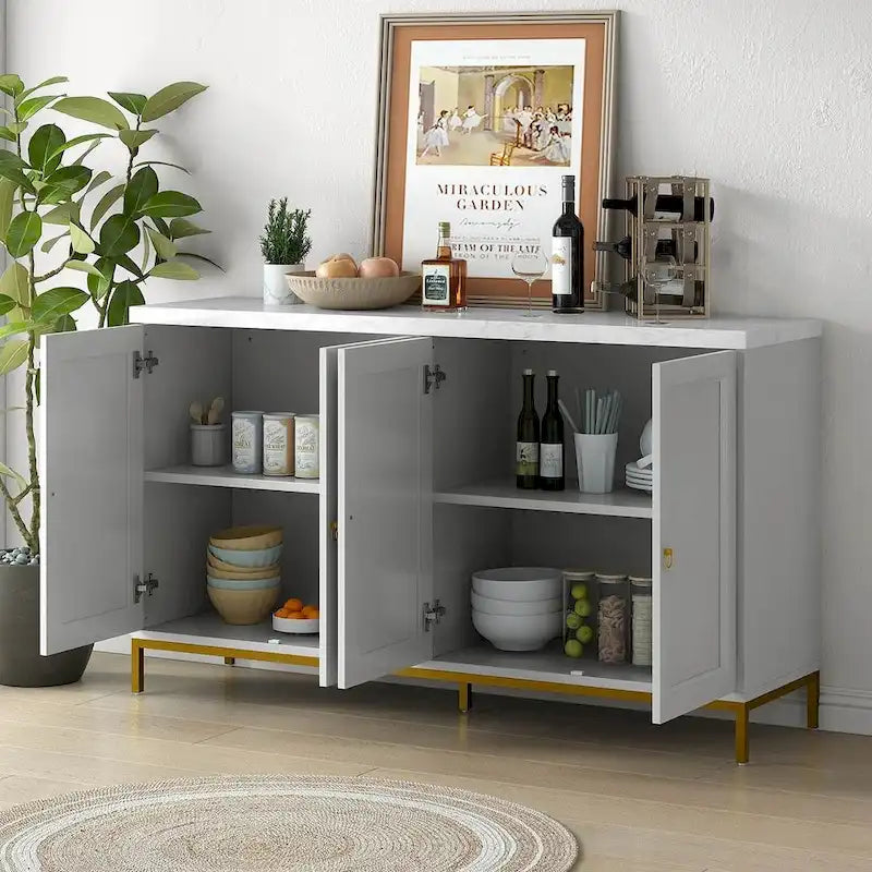 4-Door Faux Marble Top Storage Sideboard with Gold Metal Legs, Black