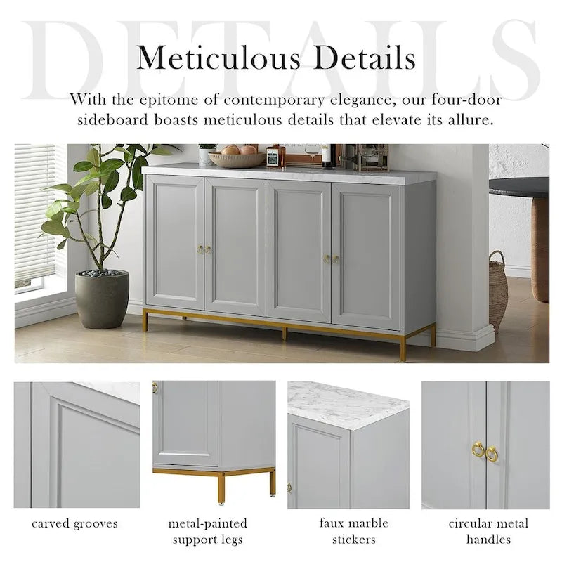 4-Door Faux Marble Top Storage Sideboard with Gold Metal Legs, Black