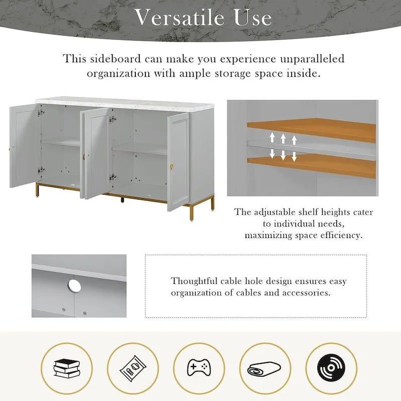 4-Door Faux Marble Top Storage Sideboard with Gold Metal Legs, Black