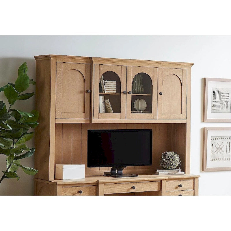 Wood Hutch with Arched Glass Doors, Office Storage Cabinet, Light Brown